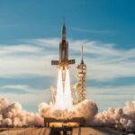 Chandrayaan 4 spacecraft launching into space from India on its mission to explore the Moon