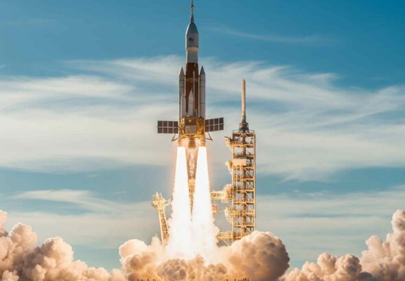Chandrayaan 4 spacecraft launching into space from India on its mission to explore the Moon