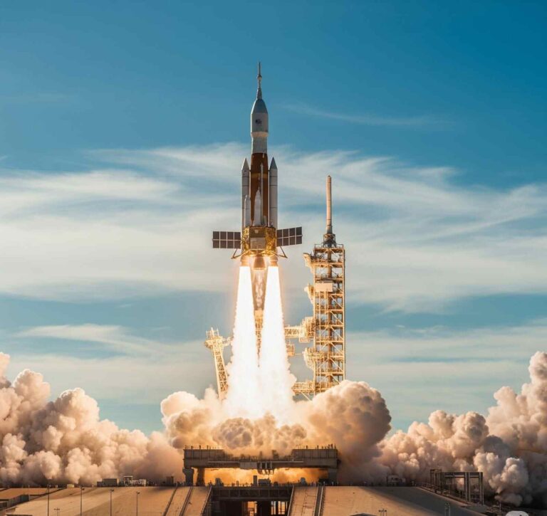 Chandrayaan 4 spacecraft launching into space from India on its mission to explore the Moon