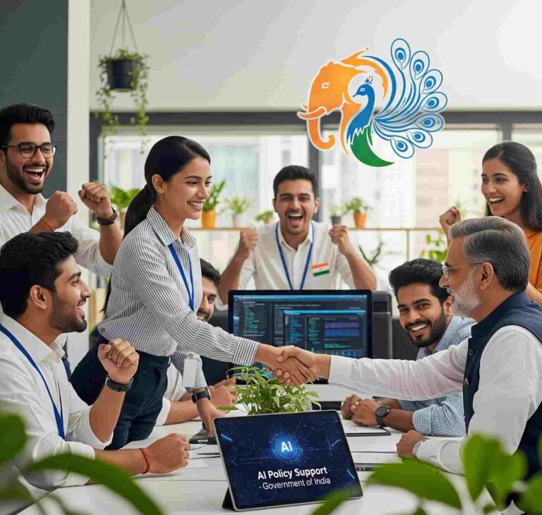 Indian startup founders discussing new AI policy 2025