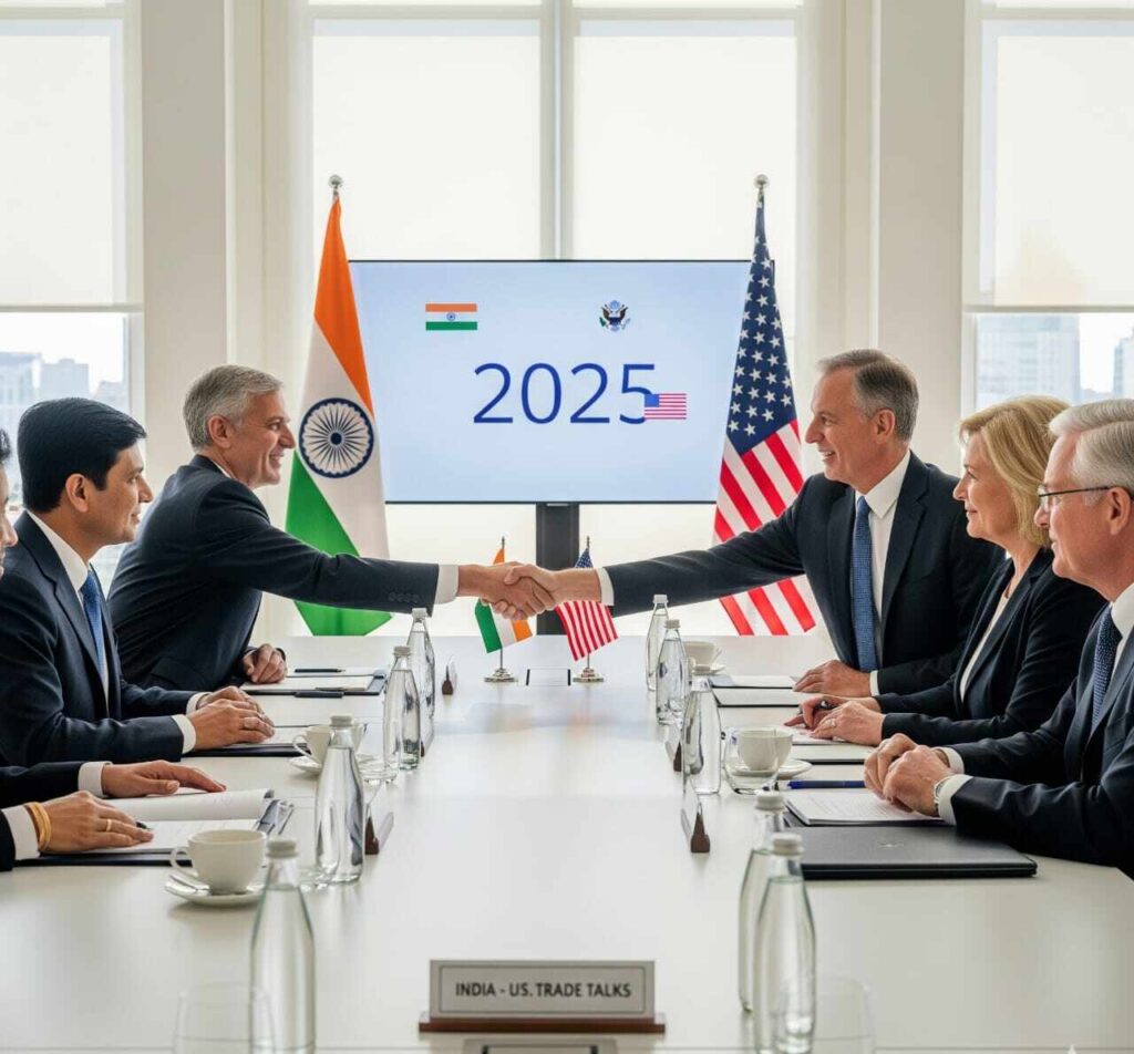 Indian and US flags with handshake during 2025 trade talks.