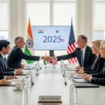 Indian and US flags with handshake during 2025 trade talks.