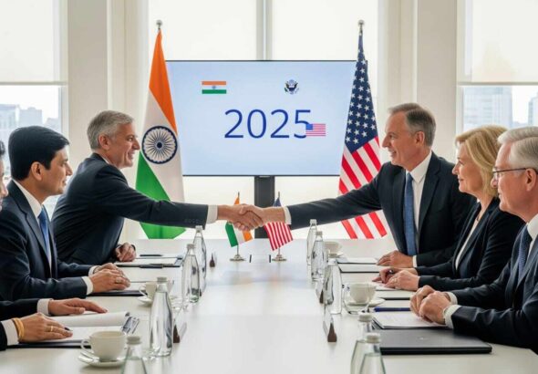 Indian and US flags with handshake during 2025 trade talks.