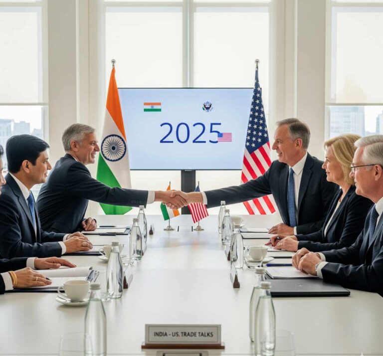 Indian and US flags with handshake during 2025 trade talks.