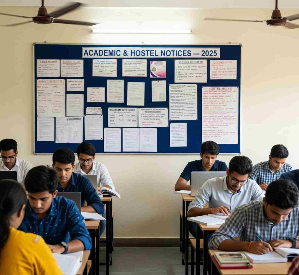 Students reading new hostel rules in small town Vishwavidyalaya 2025.