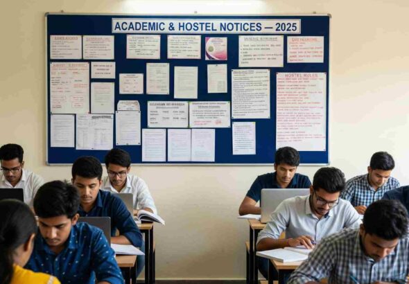 Students reading new hostel rules in small town Vishwavidyalaya 2025.